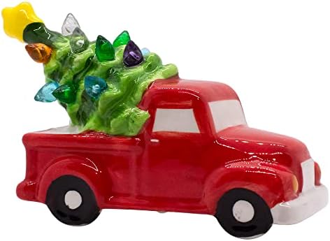 יבואני מתנות בכפר אדום סגנון וינטג 'סגנון איסוף משאית הנושאת עץ חג המולד | כיף לחופשה ועיצוב משרדים | נדלק עם מתג הפעלה/כיבוי | אור לילה עונתי קרמיקה